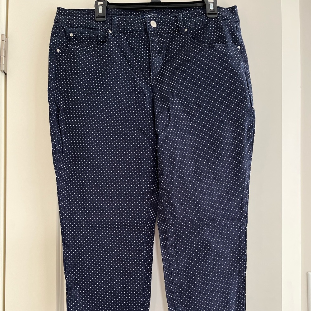 Blue and white polka dot straight leg jeans